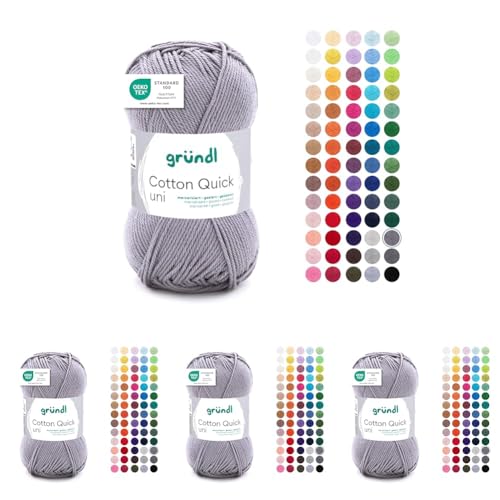 Gründl Laine Cotton Quick uni - laine fine pour crocheter - fil à tricoter – fil à crocheter – brillant et doux pour la peau – 100% coton – 1 pelote 50 g / 125 m – taille d’aiguille 3-4 - argenté