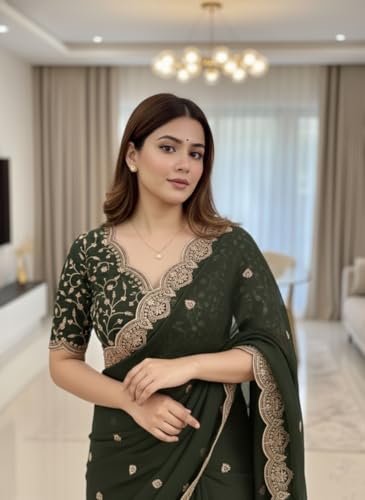 Image of Yashika Women Vichitra Silk Saree with Embroidered Border| Sarees Bollywood Sari | New Sarees | Saree Blouse| Designer Saree (AZ-YS-OG-LADYQUEEN-Parent)