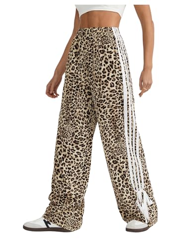 MakeMeChic Women's Leopard Print Striped Pants Bow Side Wide Leg Y2k Trousers