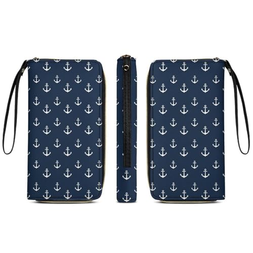 Wallet for Women Blocking Leather Large Capacity Card Holder Wallet Nautical Anchor Navy Blue Ladies Phone Clutch Long Purse Wristlet3