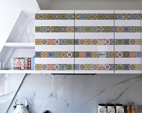 Image of WallDesign Spanish Glaze Tile Sticker - 30 Self - Adhesive Stickers For Cupboard, Panel, Cabinet, Furniture, Table, Glass, Wall - 4 In X 10 Ft Border, 304.8 Cm-Self-Adhesive