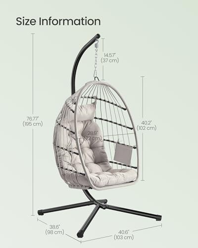 SONGMICS Outdoor Hanging Egg Chair, Foldable Removable Basket, Height-Adjustable Swing Chair, Side Pocket, Cushion, for Living Room, Garden, Balcony, White GDC050WZ02 6 SONGMICS Outdoor Hanging Egg Chair, Foldable Removable Basket, Height-Adjustable Swing Chair, Side Pocket, Cushion, for Living Room, Garden, Balcony, White GDC050WZ02 - Image 6