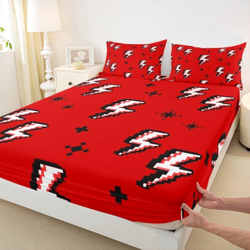 Lightning Fitted Sheet Twin Size,Cartoon Pixel Style Bed Sheets 2Pcs for Kids Girls Boys Teens Room Decor,Gaming Flash Bedding Set Red Black Modern Chic Deep Pocket Sheet,1 Pillowcase