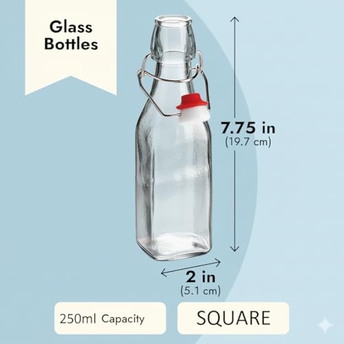 Image of Clear Glass Bottles with Airtight Swing Top Lids - Leakproof Reusable Glass Jars for Juice, Oil, Water, Milk, Kombucha, Vinegar, Beverages - Square, Pack of 6