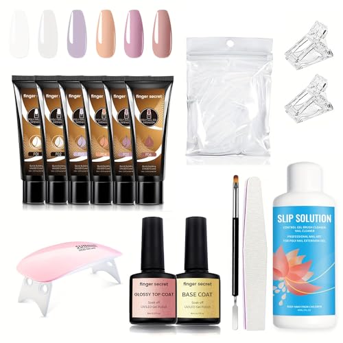 finger secret Gel Nail Extension Kits With UV Light Starter Kit,6Colors Poly Nails Gel Kit Full Set,15ml Poly Nail Extension With Slip Solution for Beginners DIY Nail Art