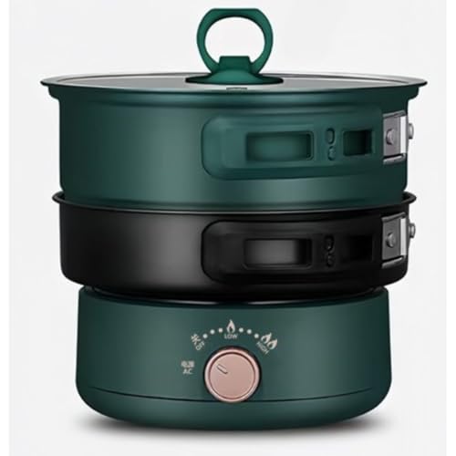 uuClub 110V 旅行便携式折りたたみ電煮鍋、製ライナーと多機能設計、式電気炊飯器、多ステンレス製ライナー、出張や車中泊に最適、一人暮らしとオフィスにおすすめ、多出張用ポータブル電気シチュー鍋 (ダークグリーン - ステンレススチールライナー)