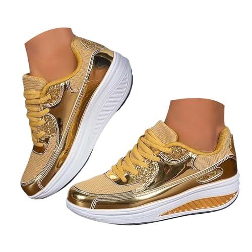 Sequin Sneakers for Women Platform Wedge Lace Up Orthopedic Shoes Comfortable Casual Flatform Arch Support Sneaker Womens Non Slip Walking Tennis Running Sport Workout Athletic Shoes