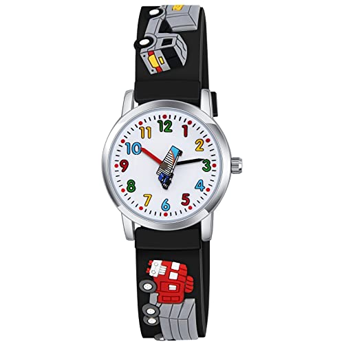 Venhoo Kids Watches Analog 3D Cartoon Autotruck Waterproof Silicone Children Toddler Wrist Watch for 3-10 Year Girls Boys Little Child-Black Track