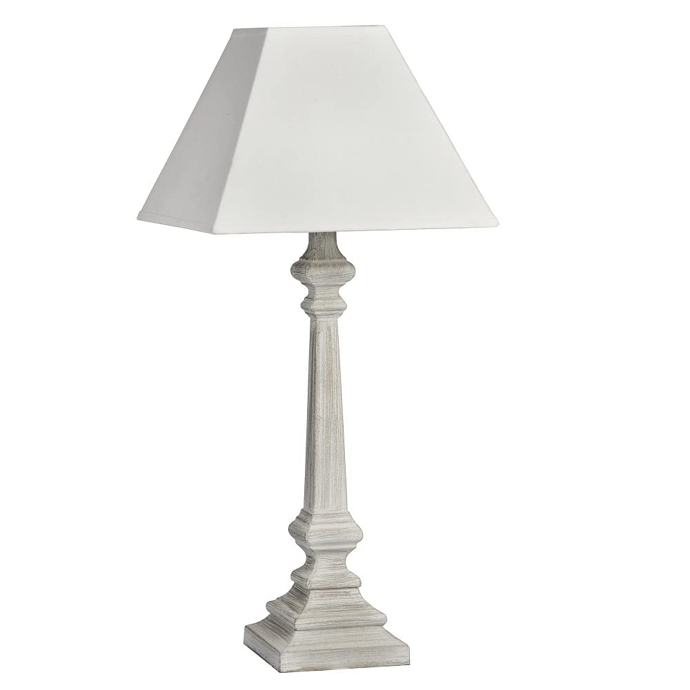 Grey Washed Wood Vintage Rustic Square Column Stem Table Lamp with Linen Fabric Tapered Shade | 51cm Height | 1 x SES E14 Lamp Required | UK Approved | in-Line On Off Switch | Wooden Hand Carved