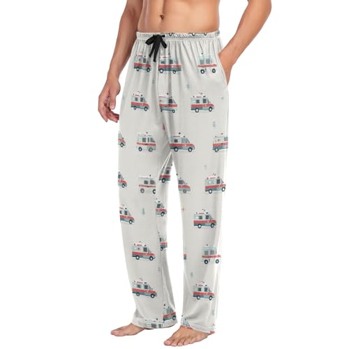 Vdsrup Men's Pajama Pants Ambulance Car Pajama Pants for Men PJs Bottoms Drawstring Pockets White Sleep Lounge Pants S4
