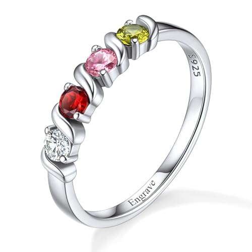 Custom4U Personalized Mothers Ring with 1-5 Birthstones Names Engraved 925 Sterling Silver/14K White Gold Plated Birthstone Rings for Women Promise Ring Birthday Jewelry Gifts for Mom Grandm