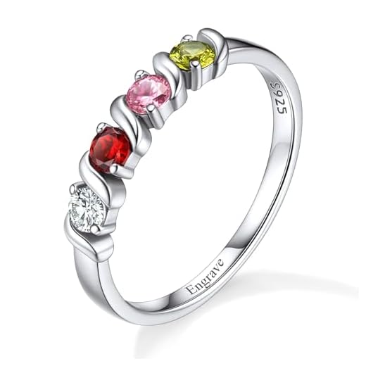 Sterling Silver Personalized Mothers Rings Gifts for Mother’s Day with 4 Birthstones Custom Family Name Ring Jewelry for Women Mom Grandmother