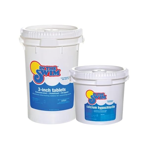 In the swim chlorine and shock bundle for sanitizing swimming poolsincludes 50 pound bucket of 3 inch stabilized chlorine tablets and 25 pound bucket of 68 cal hypo pool shock  urban country home decor