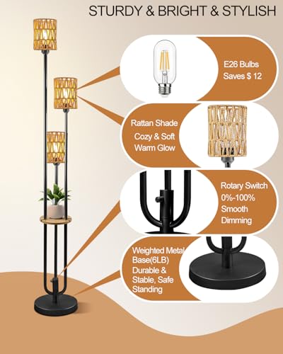 Image of 63IN Dimmable Floor Lamp with Shelf, Black Rattan Tall Standing Lamps Candle Holder Style, 3000K Warmwhite Mid Century Modern Floor Lamp with 5Lbs Heavy Base for Living Room (Bulbs Included)