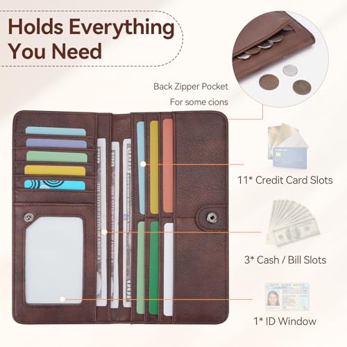 Image of Wallet Women Ultra Slim Thin Rfid 3D Embossed Vegan Leather Womens Wallet Clutch Long Ladies Wallet (04-Mocha)