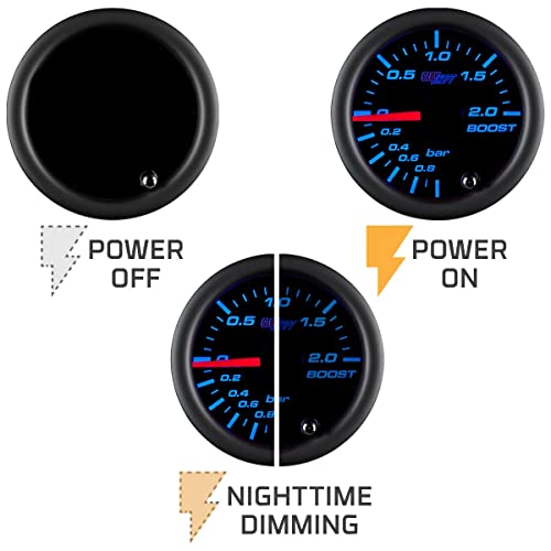 GlowShift Tinted 7 Color 2.0 BAR Boost/Vacuum Gauge Kit - Includes Mechanical Hose & Fittings - Black Dial - Smoked Lens - for Car & Truck - 2-1/16" 52mm