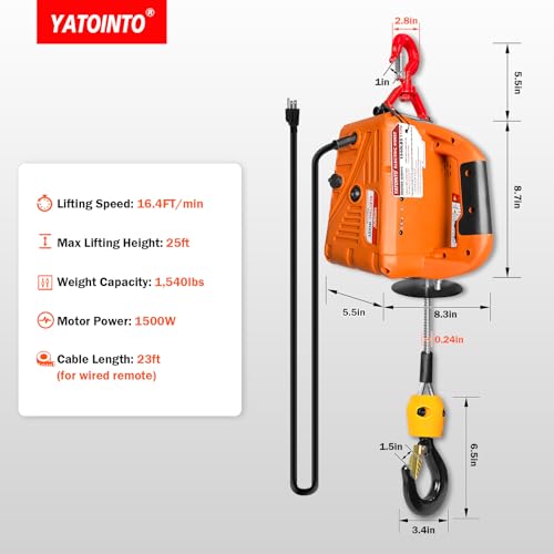 YATOINTO 3 in 1 Electric Hoist Winch, 1540lbs Portable Electric Power Winch with Wire and Wireless Remote Control, 120V Electric Hoist Crane, Overload Protection 25ft Lifting Height for Towing