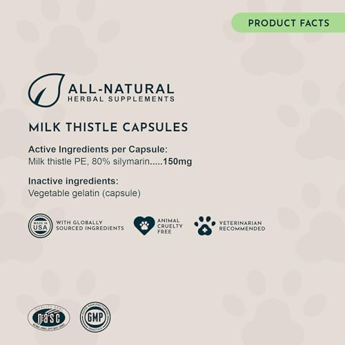 Animal Essentials Milk Thistle for Dogs & Cats - Liver Support, Milk Thistle 150mg, Silymarin, Liver Supplement, Herbal Capsules, Organic Human Grade Herbs, Veterinarian Recommended - 30 Count