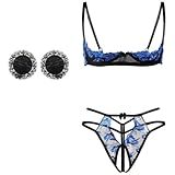 HOTSO Lingerie sexy in pizzo da donna, reggiseno con spalline e mutandine, set di biancheria intima da 3 pezzi babydoll push up con ferretto biancheria da notte con reggiseno a quarto di tazza