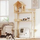 Homiflex Wood Cat Tower for Automatic Litter Box, 60' Tall Cat Tree with Scratching Post, Multi-Level Solid Wood Cat Tree for Indoor Large Cats, Tall Cats Scratching Post Furniture w/House, Burlywood