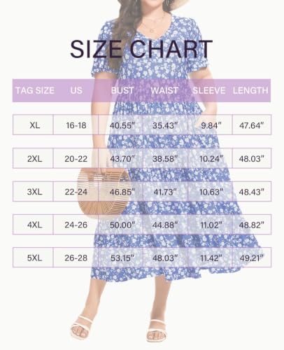Image of Women's Plus Size Summer Dresses Floral Casual Tiered Midi Dresses V-Neck Short Sleeve Long Maxi Dress with Pockets