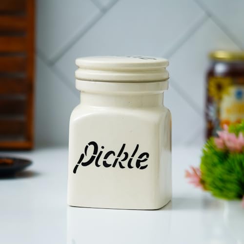 Image of Ceramic Pickle Jar with Lid for Kitchen Storage 750 ml | Ceramic Pickle Container for Achaar, Masala & Spices | Multipurpose Storage Barni Jar | Countertop Food Storage Jar for Kitchen |White