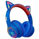 MIDOLA Kids Headphones Cat Ear Wireless Bluetooth 5.3 60H Over Ear, 8H with Led Light Foldable Headset with Aux 3.5mm Mic for Travel Pad Tablet Blue