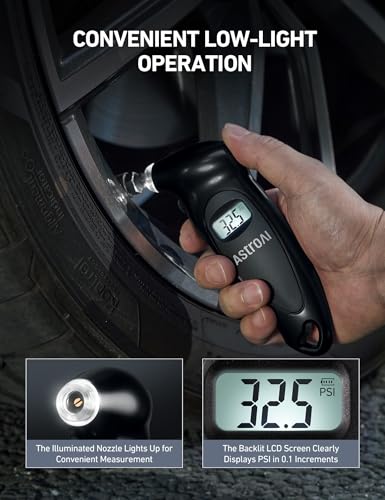 AstroAI Digital Tire Pressure Gauge 150 PSI 4 Settings Car Truck Bicycle Backlit LCD Non-Slip Grip, Black