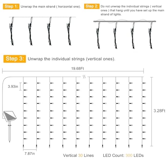 DBFAIRY Solar Curtain Lights,19.6ft x 3.3ft 300 LED Outdoor Christmas Solar Curtain Lights Waterproof Green Wire with 8 Mode for Garden Handrail Railing Eaves Wall Decoration -Warm White