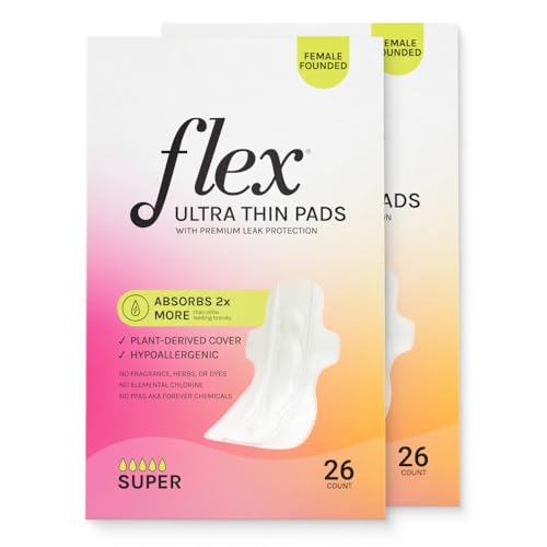 Image of Flex Ultra Thin Pads Super | Ultra Thin with Wings | Fragrance-Free Sanitary Napkins | Super Absorbent & Comfortable Feminine Pads | Unscented (2-Pack, 52 Pads)