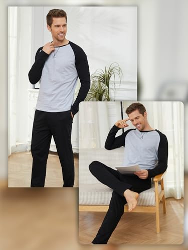 Mens Pajamas Set Cotton Pjs for Men Sleepwear Long Sleeve & Pajama Pants Soft 2 Piece Sets with Pockets2