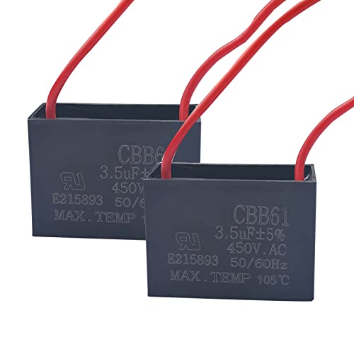 CBB61 Ceiling Fan Capacitor 2 Wire 3.5uf Compatible with 400/350/300/250VAC Fan Capacitor 50/60Hz CBB61-3.5uF（2 Pack）
