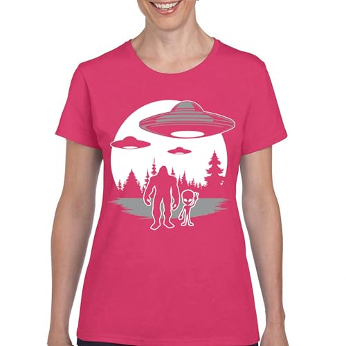 Best Friends Alien Bigfoot Moonlight Walk T-Shirt Funny Space UFO Hunter Sasquatch Believe Yeti BFF Pals Women's Tee Hot Pink X-Large