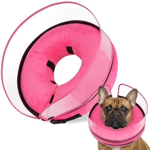 Image of BARKLESS Dog Cone, Inflatable Dog Cone After Surgery, Soft Surgery Collar with Enhanced Anti-Licking Guard Shield for Pets, Patented Protective Donut Collar (Hot Pink, M+ (Neck:11 inch-14 inch))
