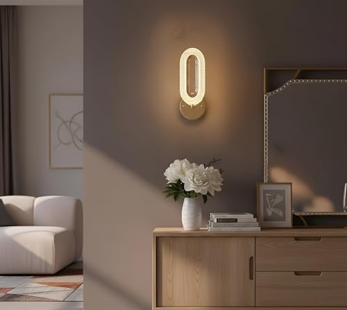 Image of Elegant Crystal LED Wall Sconce Light | Gold Finish Oval Shape Lamp with Clear Acrylic Shade | 3-Step Color Changing Decorative Wall Light for Bedroom, Hallway, Living Room, Bathroom