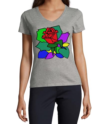 T-shirt rose abstract art femme col v gris coton imprimé graphique