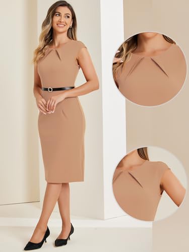Image of Allegra K Business Dress for Women's Work Elegant 2026 Cap Sleeve Belted Office Sheath Dresses