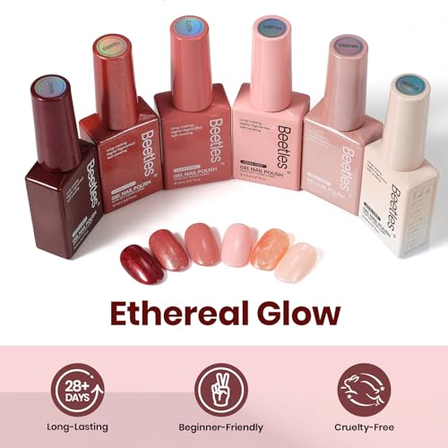 Image of Beetles 22 Pcs HEMA-Free Gel Nail Kit with U V Light - 6 Color Pink Nude Red Pearl White Gel Polish Set Ethereal Glow Gift-Ready Package DIY Salon Portable Manicure Kit Gifts for Women