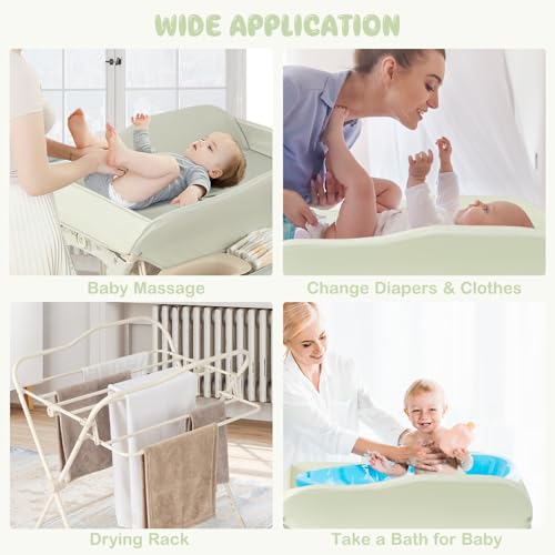 Image of HONEY JOY Changing Table, Folding Mobile Diaper Nursery Organizer w /Wheel, 3 Adjustable Heights, Storage Bag & Open Shelf, Water Basin, Portable Baby Changing Station for Newborn Infant(Green)