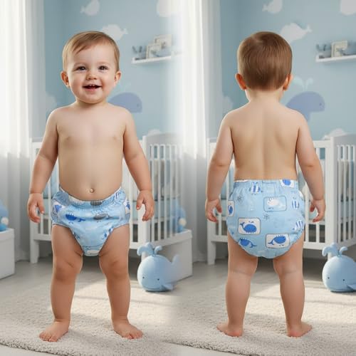 Image of Bembika Baby Training Pant Soft Cotton Reusable Potty Training Pants For Kids Leak-Resistant, Padded Underwear For Babies To Support Diaper Free Transition (L Size For 18-24 Months Blue Whale Theme)