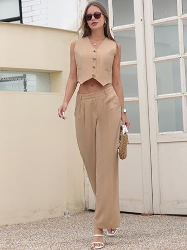 Women's Summer Blazer Vest 2 Piece Outfits V Neck Sleeveless Button Down Waistcoat and Wide Leg Pants Set with Pockets2