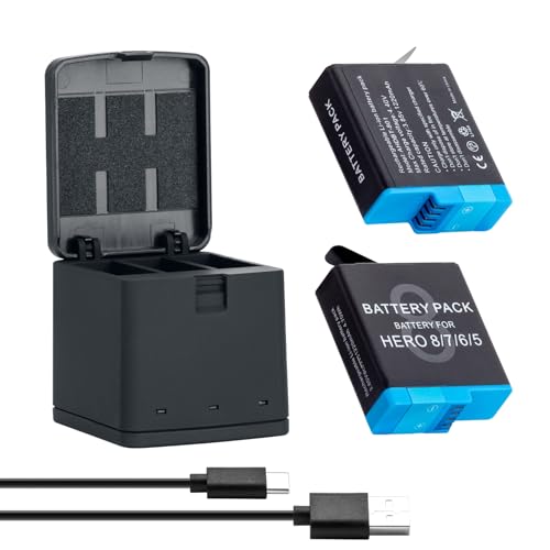 Marveleese Go Pro Hero 8 Kit de chargeur triple noir et batterie pour Hero 5-7 avec boîte de rangement et 2 batteries lithium-ion rechargeables