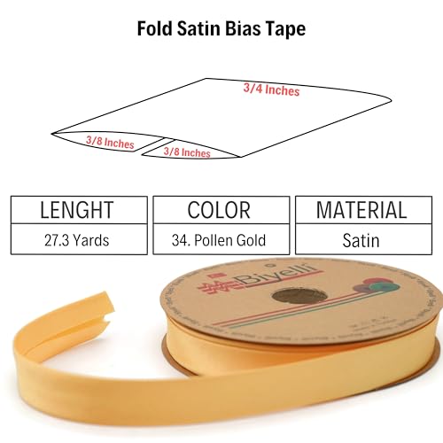 Image of Fold Satin Bias Tape - 99+ Colors - 3 /4 Inches Wide - 27 Yards - Fold Satin Binding Bias Ribbon Fabric Piping Bias Binding Tape for Sewing Clothing DIY (34. Pollen Gold) BYS34