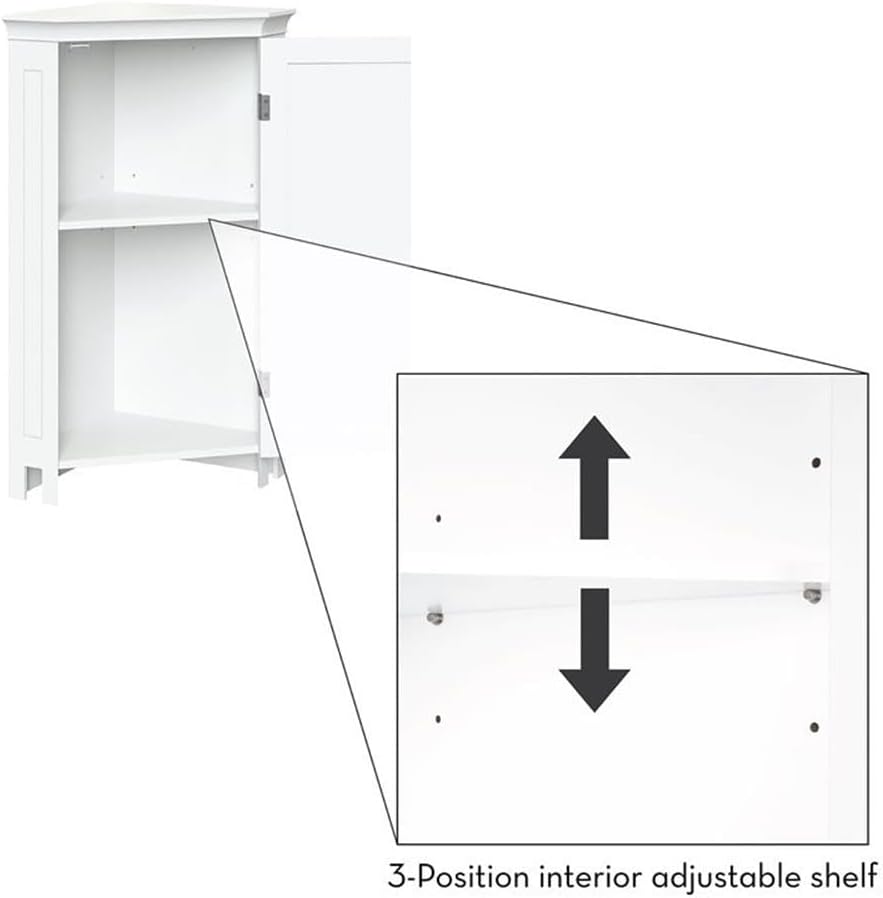 RiverRidge Somerset Corner Floor Bathroom Cabinet with Adjustable Shelf, Satin/Mirror Handles, Painted MDF, Maximizes Space in Small Bathrooms, 20.5" W x 14.5" D x 32" H