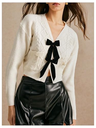 Image of BEAUDRM Women's Bowknot Cropped Cardigan Sweater Long Sleeve Button Up Knit Tops Outerwear Beige Medium