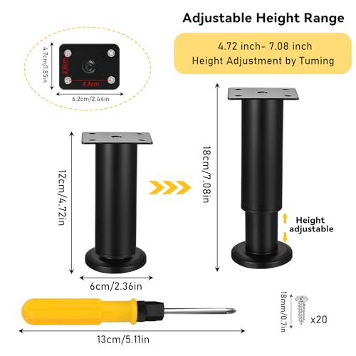 QINGYIWL 4er Set Verstellbare Möbelfüße 12-18cm inkl. Kreuzschlitzschraubendreher – Stabile Edelstahl-Füße für Sofa, Bett, Tisch – Höhenverstellbar, rutschfest, Einfache Montage, Wackelfrei