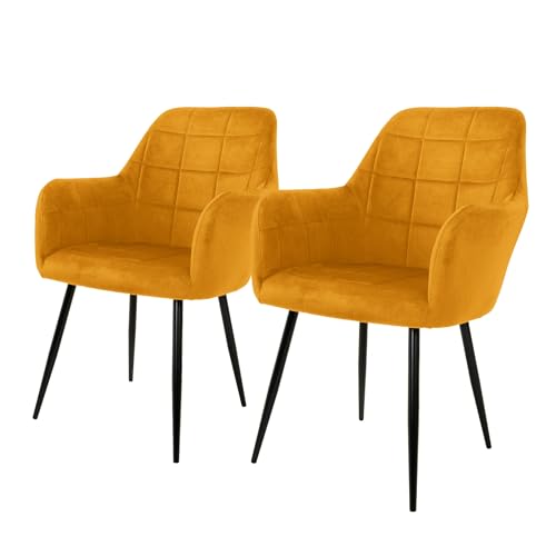 ECD Germany Set de 2X Chaises de Salle à Manger Moutarde, Style Moderne/Retro, Dossier et Accoudoirs Rembourrée Aspect Velours, Pieds en Métal Noir, Chaise...