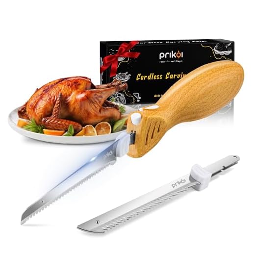 Prikoi Cordless Electric Knife, Easy-Slice Serrated Edge Blades Carving Sets for Turkey, Bread, Fillet, DIY, Ergonomic Handle + 2 Blades New Upgrade