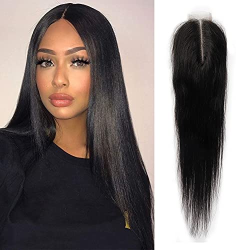 Straight 2x6 Lace Closure Middle Part 100% Human Hair Kim K Closure Swiss Lace 130% Density Deep Part Natural Black Color Bleached Knots (2x6, 14 Inch)