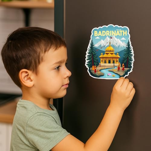 Image of Naxon Badrinath Temple Theme Souvenir Wooden Fridge Magnet for Refrigerator - Printed Fridge Magnet for Kitchen & Home Decor | Perfect Souvenir Gift | Size 3x3 in | Pack of 1